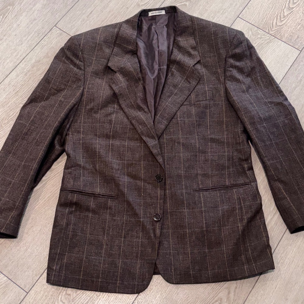 Yves Saint Laurent Blazer Mens 42 Brown Silk Wool Plaid Windowpane Sport Coat